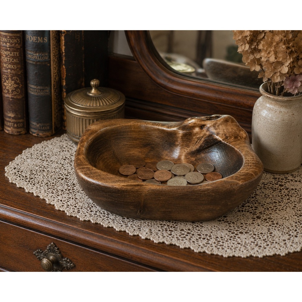 Handmade Rustic Wood Catchall Bowl Dark Grain Artisan Trinket Dish 6x5x2.5